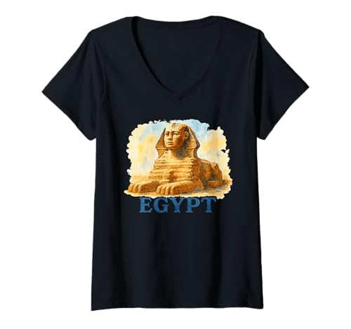 Damen Aquarell Ägyptische Sphinx Reise Ägypten Souvenir T-Shirt mit V-Ausschnitt von Egypt Mythology Egypt Sphinx Watercolor Desert