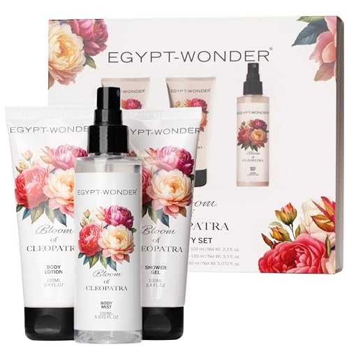 EGYPT-WONDER Bloom of Cleopatra Beauty Set – Geschenkbox mit Duschgel 100 ml, Bodylotion 100 ml & Körperspray 150 ml – Rosenduft – Naturkosmetik für Frauen – Pflege & Feuchtigkeit von Egypt-Wonder
