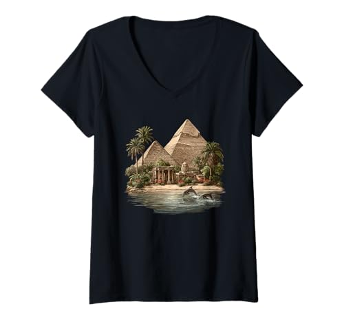 Damen Ägyptische Pyramiden | Ägypten | Urlaub Reise Delfine Pyramide T-Shirt mit V-Ausschnitt von Egyptian Ancient Egypt Souvenir Apparel