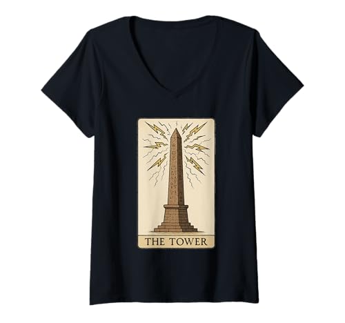 Damen The Tower Obelisk altägyptische Tarotkarte T-Shirt mit V-Ausschnitt von Egyptian Hieroglyphs Tarot Arcana Egypt Design