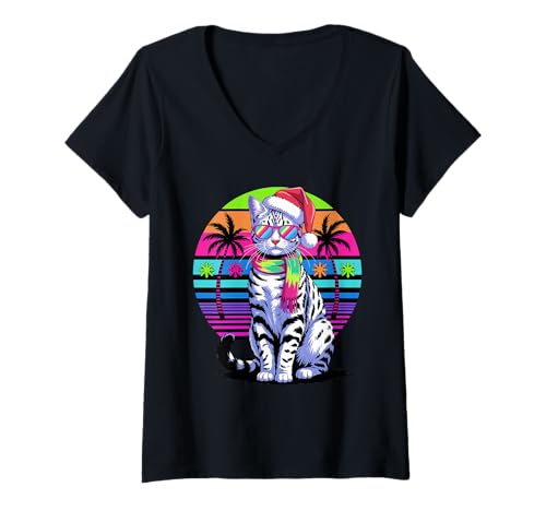 Damen Christmas Synthwave Egyptian Mau Sunglasses T-Shirt mit V-Ausschnitt von Egyptian Mau Lover Gifts