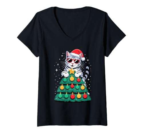 Damen Christmas Tree Egyptian Mau Sunglasses T-Shirt mit V-Ausschnitt von Egyptian Mau Lover Gifts