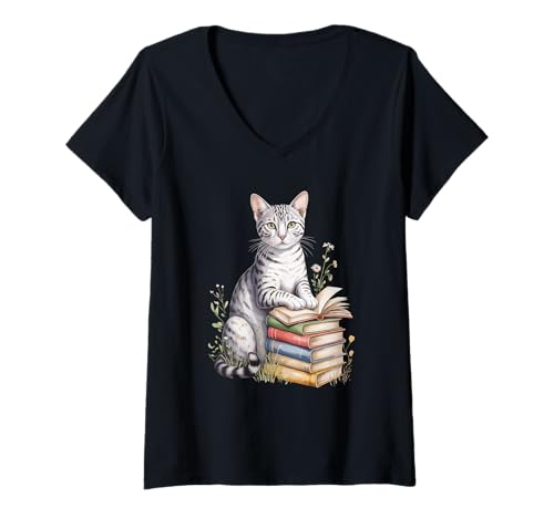 Damen Egyptian Mau Cat Bookworm Flowers Book Reading Books T-Shirt mit V-Ausschnitt von Egyptian Mau Lover Gifts