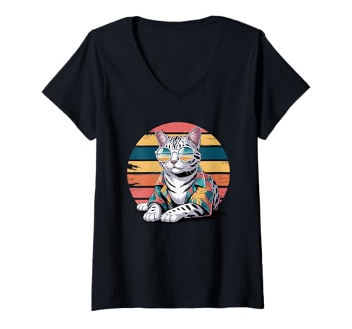 Damen Egyptian Mau Sonnenbrille Hawaii Strand Sommer T-Shirt mit V-Ausschnitt Damen Egyptian Mau Sonnenbrille Hawaii Strand Sommer T-Shirt mit V-Ausschnitt von Egyptian Mau Lover Gifts