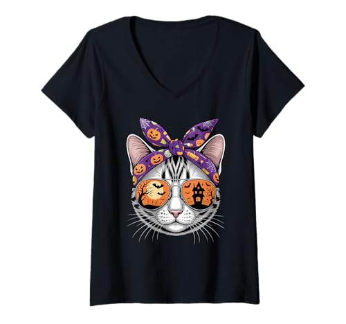 Damen Halloween Bandana Egyptian Mau T-Shirt mit V-Ausschnitt von Egyptian Mau Lover Gifts
