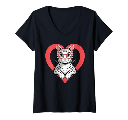 Damen Herz Egyptian Mau Brille T-Shirt mit V-Ausschnitt von Egyptian Mau Lover Gifts