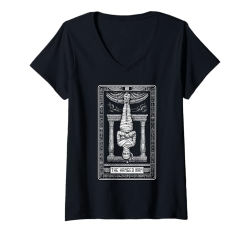 Damen The Hanged Man Egyptian Mummy Ägypten Tarotkarte T-Shirt mit V-Ausschnitt Damen The Hanged Man Egyptian Mummy Ägypten Tarotkarte T-Shirt mit V-Ausschnitt von Egyptian Mythology Arcana Card Hieroglyphs Design