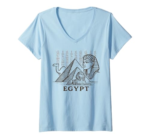 Damen Vintage Ägypten Pharao Pyramiden Sphinx Reise Souvenir T-Shirt mit V-Ausschnitt von Egyptian Mythology Archeology Souvenir Design