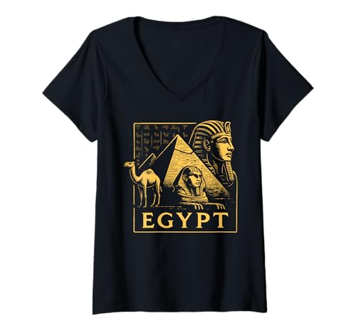 Damen Vintage Pyramiden Kamel Hieroglyphen Ägypten Reise T-Shirt mit V-Ausschnitt Damen Vintage Pyramiden Kamel Hieroglyphen Ägypten Reise T-Shirt mit V-Ausschnitt von Egyptian Mythology Archeology Souvenir Design
