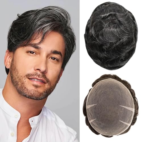 Ehairc Haar System für Männer Voll Schweizer Spitze Toupet für Männer 100% Echthaar Atmungsaktiv Herren Toupet Haaransatz Bleichen Knoten Natürliche 90% Dichte 8X10“（#1B10） von Ehairc