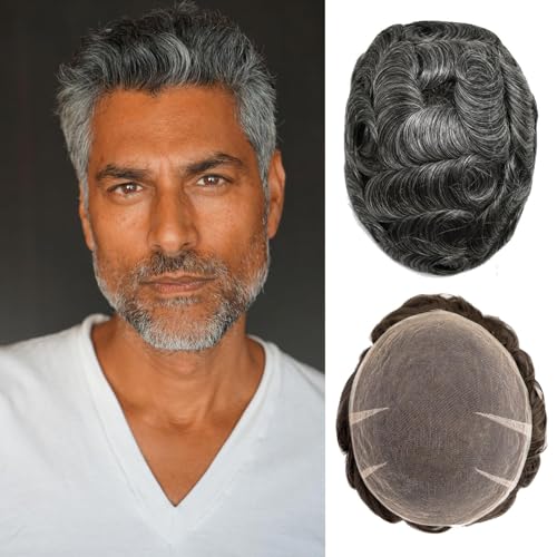 Ehairc Haar System für Männer Voll Schweizer Spitze Toupet für Männer 100% Echthaar Atmungsaktiv Herren Toupet Haaransatz Bleichen Knoten Natürliche 90% Dichte 8X10“（#1B50） von Ehairc