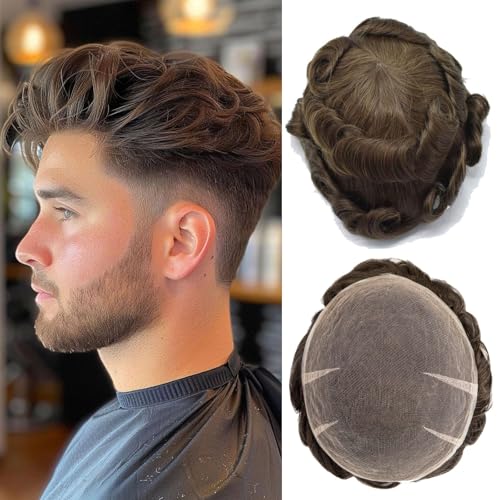 Ehairc Haar System für Männer Voll Schweizer Spitze Toupet für Männer 100% Echthaar Atmungsaktiv Herren Toupet Haaransatz Bleichen Knoten Natürliche 90% Dichte 8X10“（#4） von Ehairc