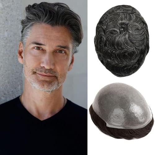 Ehairc Toupet für Männer 0.04-0.06mm Dünne Haut Doppelte Knoten Herren Toupet Langlebig 100% Human Hair System für Männer Perücke Basisgröße 8x10 Zoll 120% Dichte（1B20#） von Ehairc