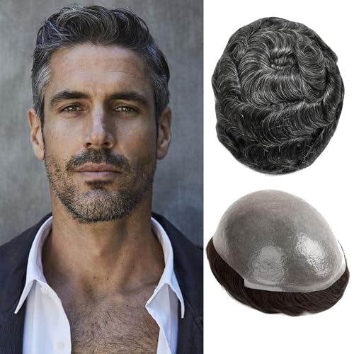 Ehairc Toupet für Männer 0.04-0.06mm Dünne Haut Doppelte Knoten Herren Toupet Langlebig 100% Human Hair System für Männer Perücke Basisgröße 8x10 Zoll 120% Dichte（1B30#） von Ehairc
