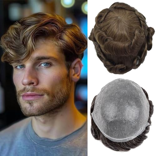 Herren Toupet Echthaar Ultradünnes 0,03mm Hauttoupet für Männer Leichtes Haarteil mittlerer Dichte Basisgröße 8x10 Zoll 100% Echthaar System für Männer（#4） von Ehairc