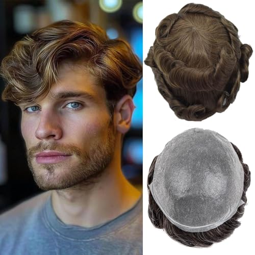 Herren Toupet Haar System für Männer 0,02-0,03mm Ultra-Dünne Haut 100% echtes Echthaar Toupet für Männer Licht mittlere Dichte Haarteil Basisgröße 8x10 Zoll （4#） von Ehairc