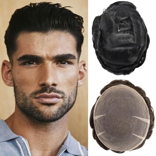 Toupet für Männer Voll Schweizer Spitze Haar System für Männer 100% Echthaar Atmungsaktiv Herren Toupet Haaransatz Bleichen Knoten Natürliche 90% Dichte Herren Spitze Perücke Basis Größe 8X10“（#1） von Ehairc