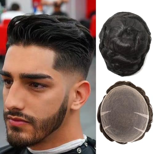 Toupet für Männer Voll Schweizer Spitze Haar System für Männer 100% Echthaar Atmungsaktiv Herren Toupet Haaransatz Bleichen Knoten Natürliche 90% Dichte Herren Spitze Perücke Basis Größe 8X10“（#1B） von Ehairc