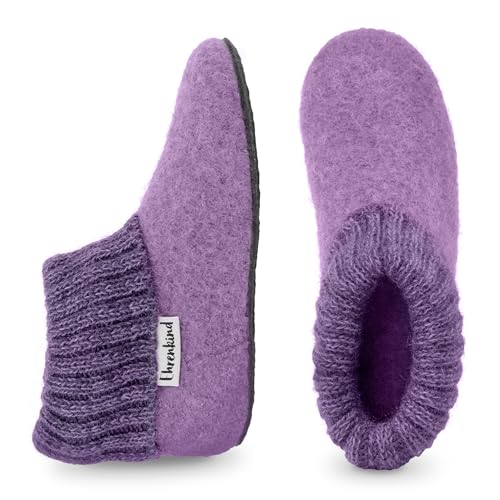 Ehrenkind® Gemütliche Kinder-Hausschuhe aus reiner Schurwolle – Rutschfest, atmungsaktiv & temperaturregulierend | Hüttenhausschuhe | Hüttenschuhe Kinder | Hüttenschuhe | Flieder Gr. 29 von Ehrenkind