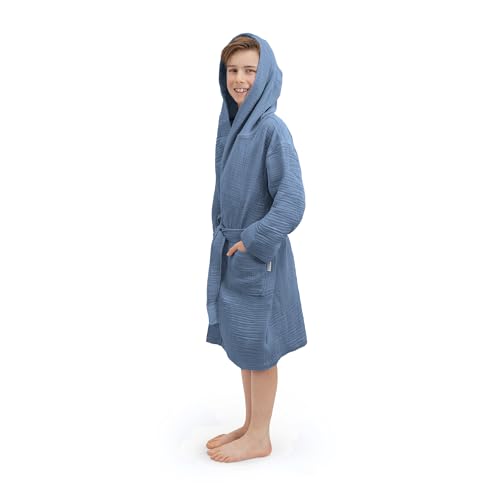 Ehrenkind® Musselin Bademantel Kinder mit Kapuze 100% Bio-Baumwolle | Kinderbademantel sanft, weich & schnelltrocknend Jeansblau | 122/128 von Ehrenkind