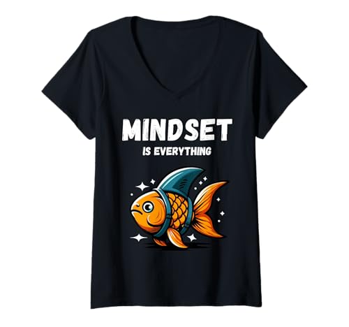 Damen Goldfisch mit Haifischflossenmotivation Hustler Denkweise T-Shirt mit V-Ausschnitt Damen Goldfisch mit Haifischflossenmotivation Hustler Denkweise T-Shirt mit V-Ausschnitt von Ehrgeizfäden schleifen Kultur