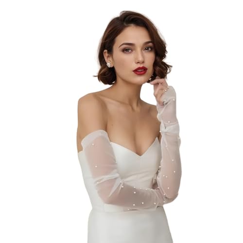 Eiaork Lange Hochzeits-Tüll-Handschuhe Weiß Perle für Damen und Mädchen, Ellenbogenlänge, Sommer, Fingerlos, Cremefarben mit Perlen, Einheitsgröße von Eiaork