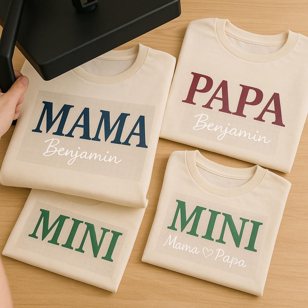 Bügelbild Mama Papa Mini | Partnerlook Familie Wunschname Flexfolie Individualisierbar Familienmotiv von EichertDesigns