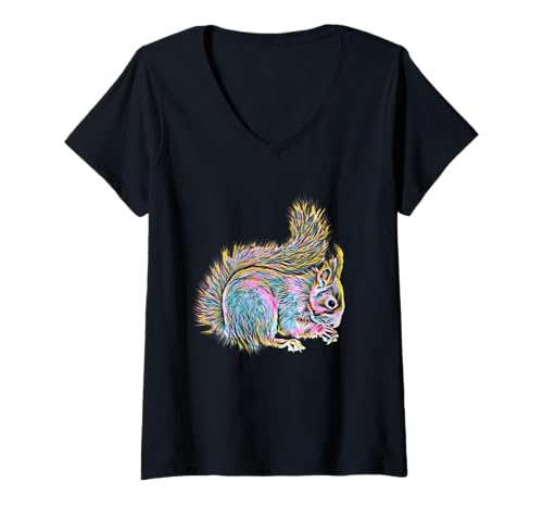Damen Eichhörnchen Motiv Streifenhörnchen buntes Design Nagetiere T-Shirt mit V-Ausschnitt von Eichhörnchen Geschenk - Geburtstag Weihnachten