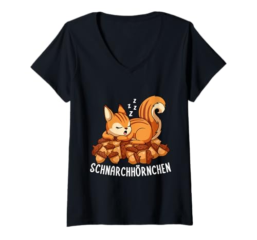 Damen Baumbewohner Faul Müde Morgenmuffel Schnarchhörnchen T-Shirt mit V-Ausschnitt Damen Baumbewohner Faul Müde Morgenmuffel Schnarchhörnchen T-Shirt mit V-Ausschnitt von Eichhörnchen Wortwitz Schlafen Nagetier Motiv