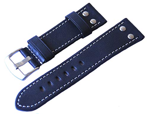 Eichmüller 22mm Leder Uhren Armband Schwarz Ersatzband mit weißer Naht, Nieten von Eichmüller