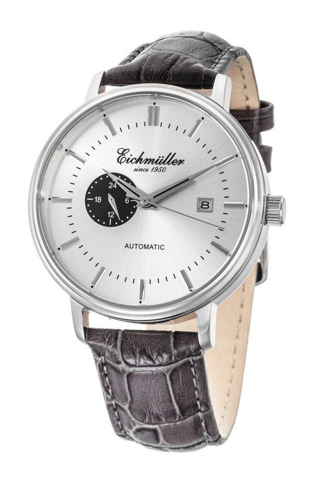 Eichmüller Automatikuhr Herrenuhr Silberfarben, 42 mm, Lederband Grau, RE7006, hochwertige Armbanduhr für Herren von Eichmüller