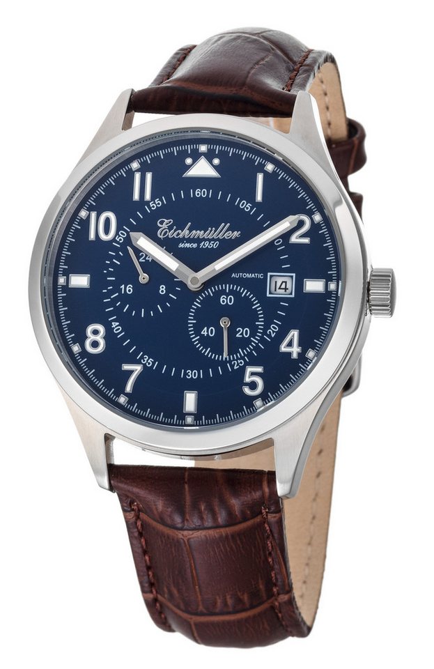Eichmüller Automatikuhr RE7011 Herrenuhr Zifferblatt Blau, 41 mm, Lederband Braun, elegante Armbanduhr für Herren von Eichmüller