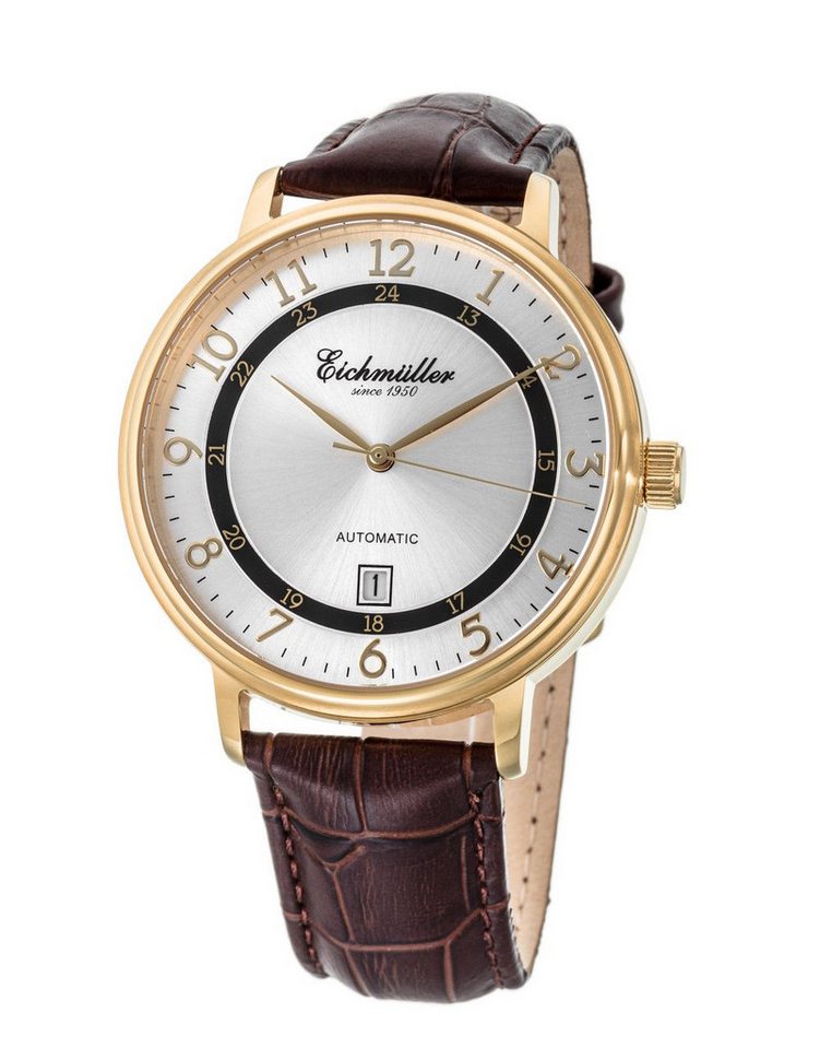 Eichmüller Automatikuhr RE7015, 42 mm – Herren-Armbanduhr mit IP-goldenem Gehäuse, silbernem Zifferblatt & braunem Lederband von Eichmüller