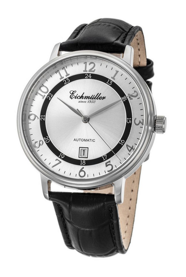 Eichmüller Automatikuhr RE7013 Herrenuhr Zifferblatt Silbern, 42 mm, Schwarzes Lederarmband, elegante Armbanduhr mit Automatikwerk für Herren von Eichmüller