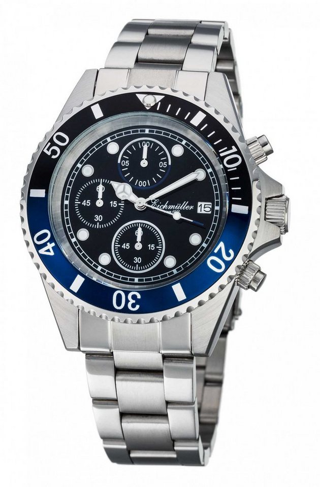 Eichmüller Chronograph Herrenuhr, Taucheruhr mit Edelstahlband, Schwarz-Blau, 3466-01, 43 mm, 10 ATM wasserdicht, robust und präzise von Eichmüller