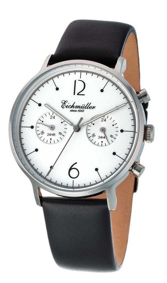 Eichmüller Multifunktionsuhr Herrenuhr 3034-03 Slim-Gehäuse schwarz/silberweiss Lederband 40 mm von Eichmüller