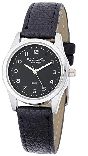 Eichmüller Damenuhr poliert mit schwarzen Leder Armband im klassischen Design von Eichmüller since 1950