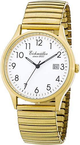 Eichmüller Klassische Herren-Armbanduhr aus Edelstahl 38 mm Echtleder/Metallarmband 5 ATM Quarz Tag und Datum, Weißgold/Mattes Flexband, mit Datum, Armband von Eichmüller