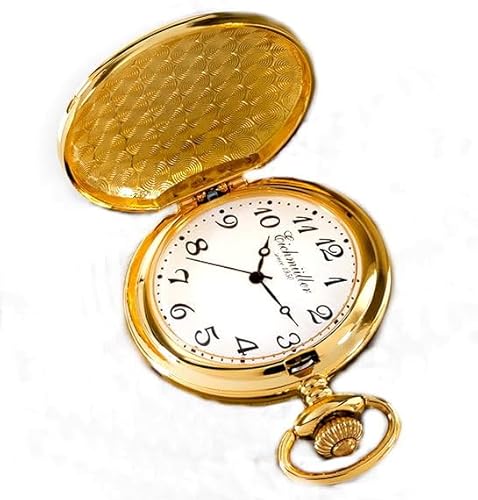 Eichmüller Quartz Savonnette Sprungdeckel Taschenuhr Gold mit Karabiner Kette und Box von Eichmüller