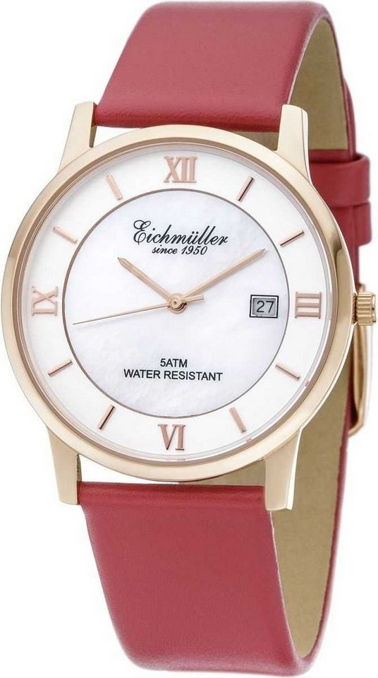 Eichmüller Quarzuhr Damenuhr 3250-04 korallfarben/rose/perlmutt Lederband 37 mm von Eichmüller