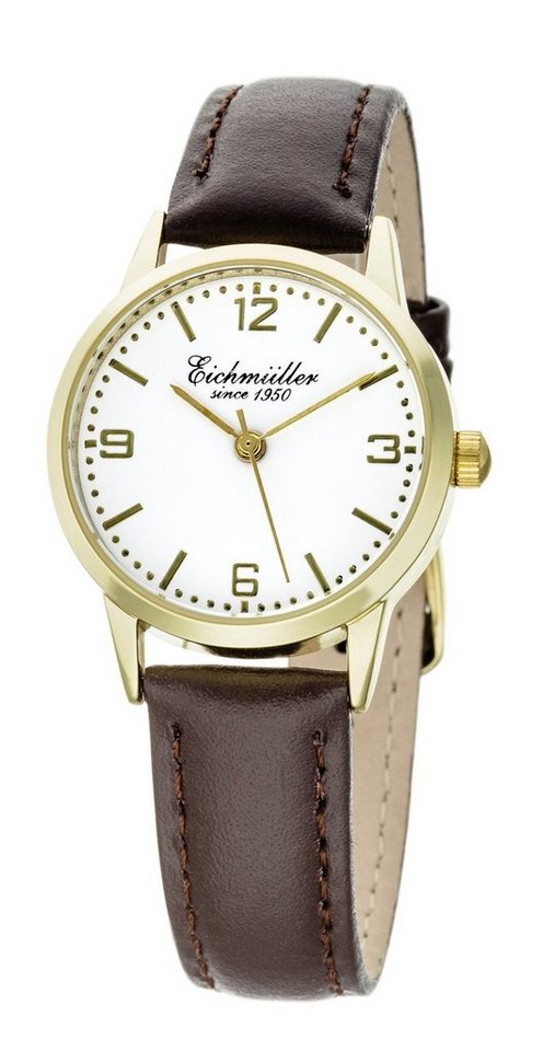 Eichmüller Quarzuhr Damenuhr 6027-02 Goldfarben Lederband Braun 29 mm von Eichmüller