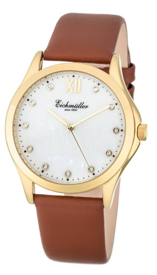 Eichmüller Quarzuhr Damenuhr RE1141 Goldfarben Zirkonia Weiss 39 mm von Eichmüller