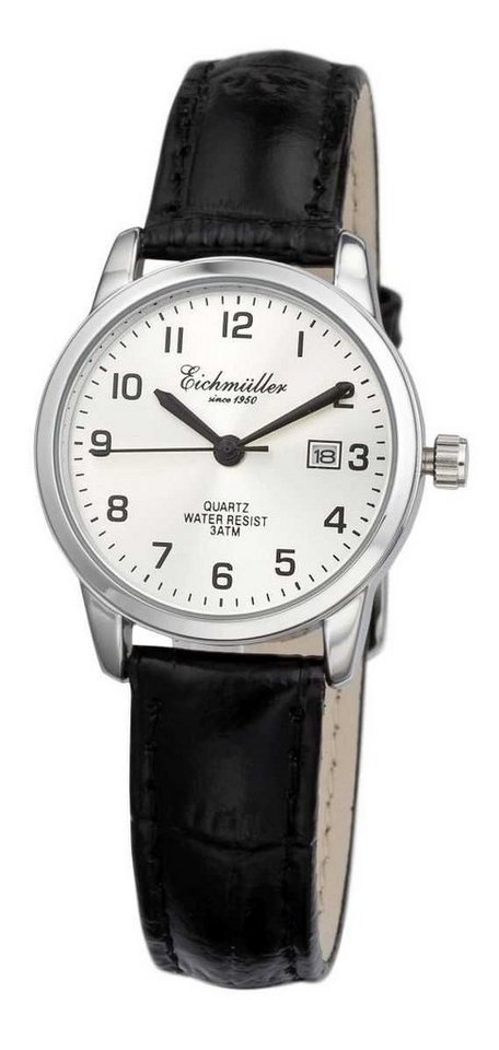 Eichmüller Quarzuhr Damenuhr - Silbernes Gehäuse, schwarzes Lederarmband, 28 mm - 7031-06, Elegante Uhr für Damen von Eichmüller
