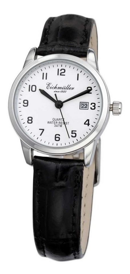 Eichmüller Quarzuhr Damenuhr - Weißes Zifferblatt, Lederarmband Schwarz, 28 mm - 7031-05, Elegante Uhr für Damen von Eichmüller