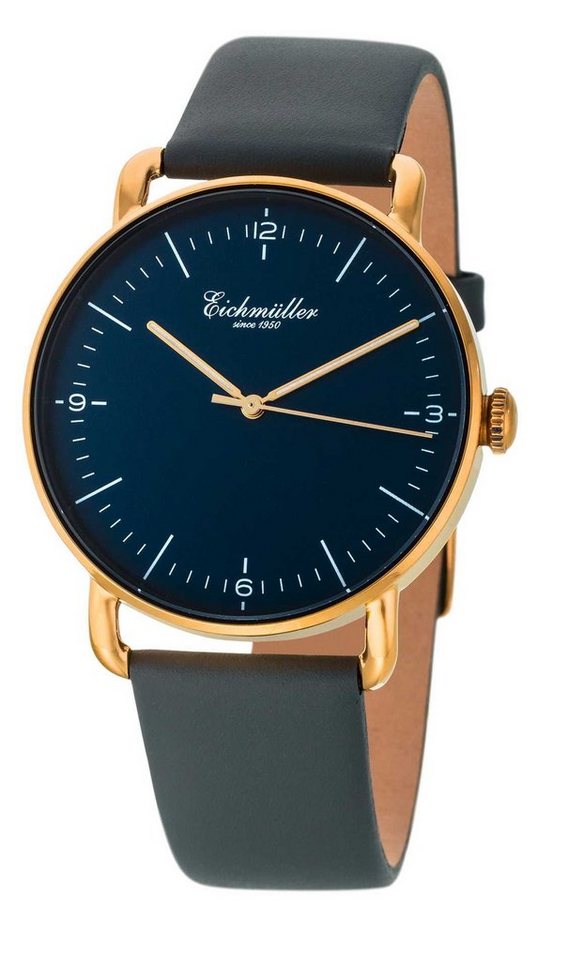 Eichmüller Quarzuhr Herrenuhr 3030-03 Slim-Gehäuse Vergoldet Blau Lederband 40 mm von Eichmüller