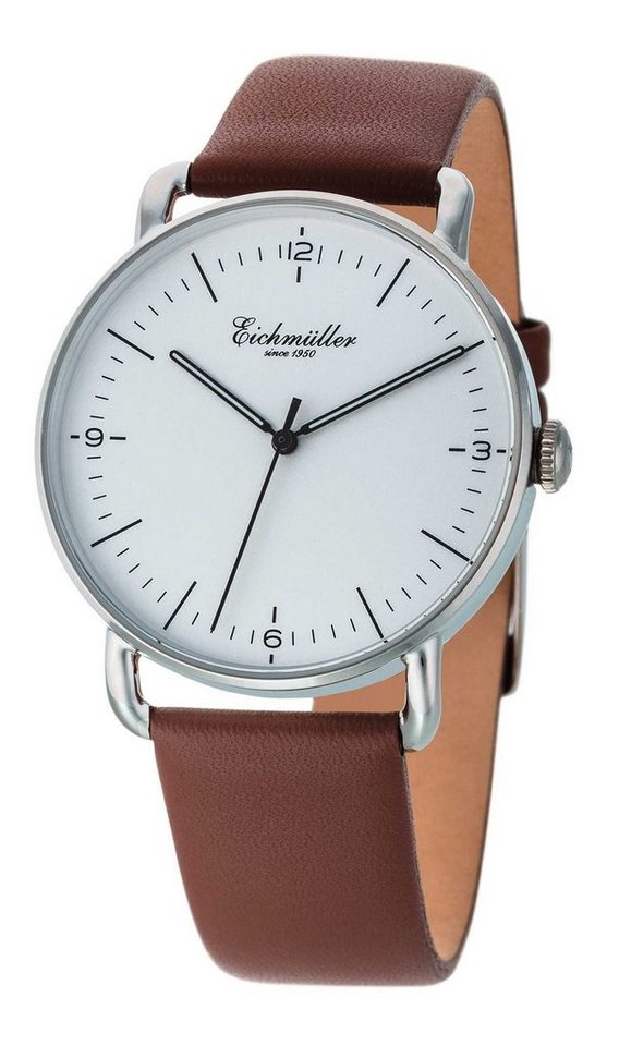 Eichmüller Quarzuhr Herrenuhr 3030-04 Slim-Gehäuse Weiss Braun Lederband 40 mm von Eichmüller