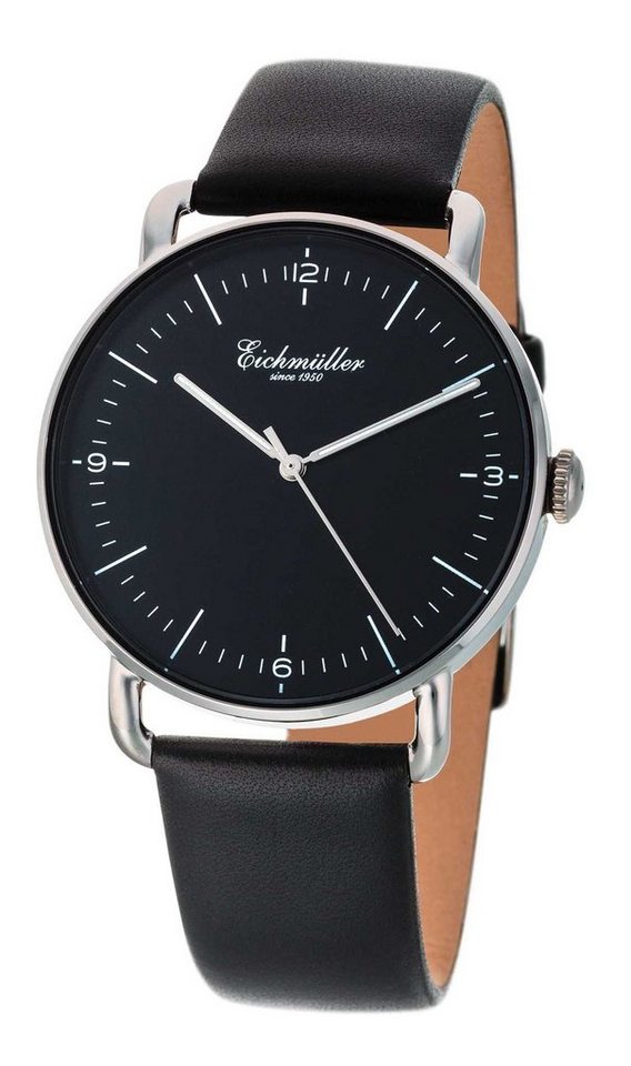 Eichmüller Quarzuhr Herrenuhr Slim Gehäuse, Silberfarben, Schwarz Lederband 40 mm 3030-05, – elegante Armbanduhr für Herren von Eichmüller