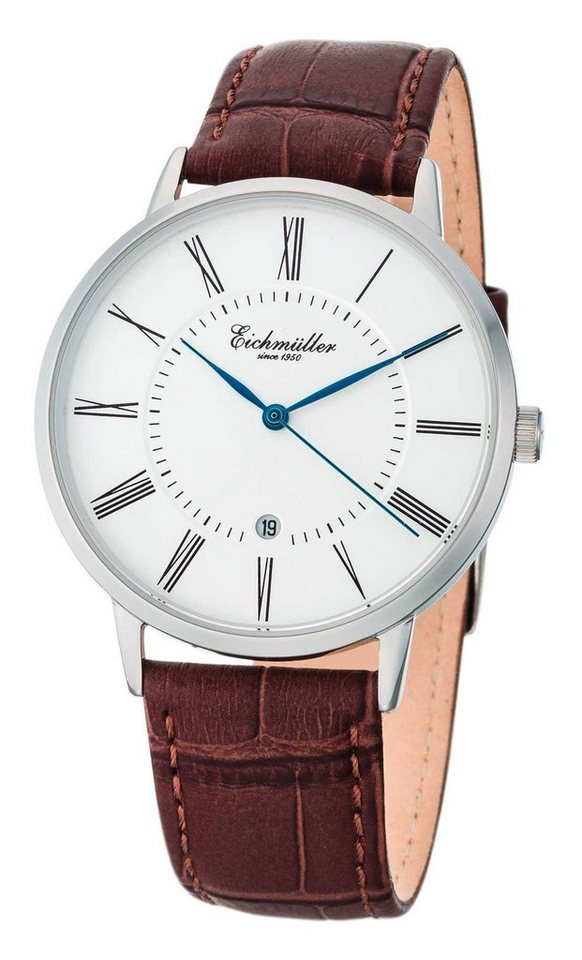 Eichmüller Quarzuhr Slim Herrenuhr 3032-02 Weiss Lederband Braun 41 mm von Eichmüller