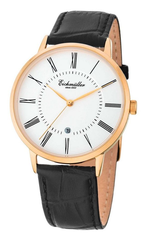 Eichmüller Quarzuhr Slim Herrenuhr 3032-03 IP-vergoldet Lederband Schwarz 41 mm von Eichmüller