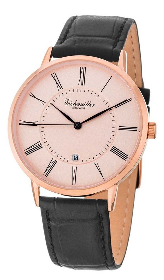 Eichmüller Quarzuhr Slim Herrenuhr 3032-07 IP-rose Lederband Schwarz 41 mm von Eichmüller